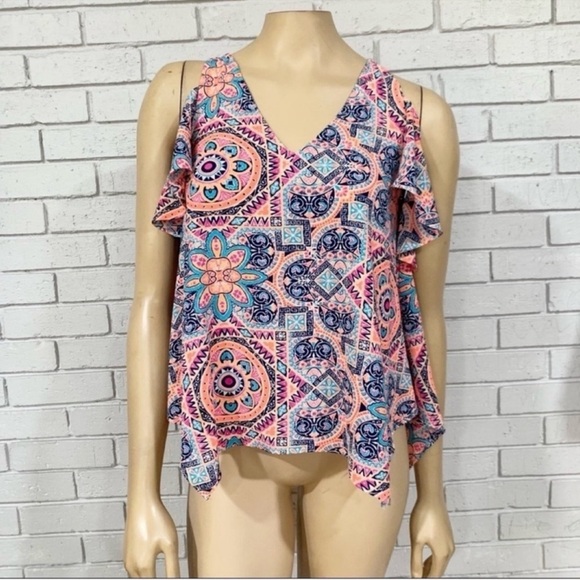 Aqua Pink Asymmetrical Ruffled Sleeveless Tank Top - Picture 1 of 3